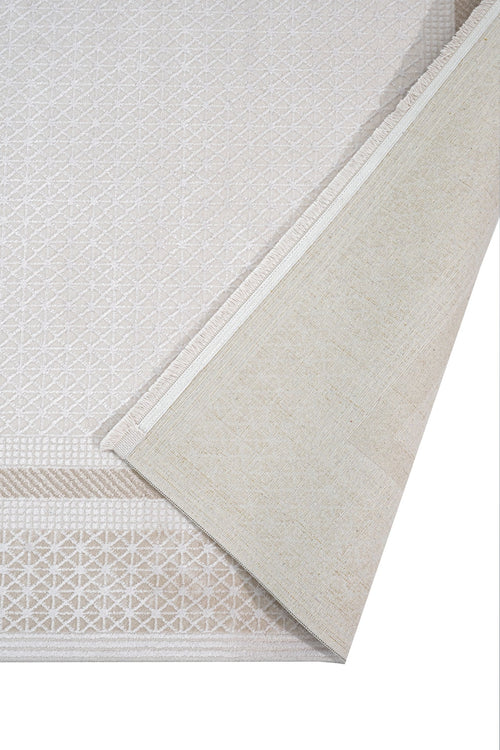 Machine Made Area Rug - Beige Frame Style Carpet | Pile Height 11mm, Washable