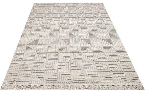 Beige Geometric Area Rug – Machine Made Polyester Carpet With 7mm Pile Height