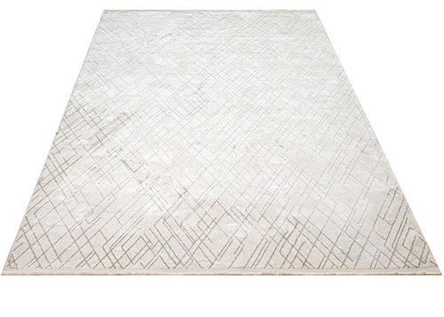 Microfiber Area Rug – Machine Made Cream Geometric Cotton Base Carpet by Luxess