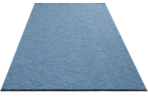 Blue Geometric Kilim - Durable Cotton Rug With 5 mm Pile Height & Fringed Edge