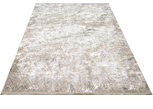 Grey Geometric Area Rug - Machine Made Microfiber Carpet With Cotton Base