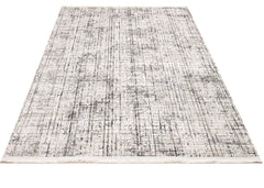 Grey Striped Area Rug - Machine Made Rug With 11 mm Pile Height & Laser Cut Fringe