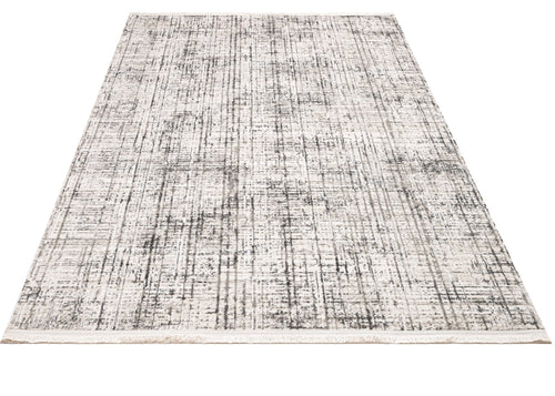 Grey Striped Area Rug - Machine Made Rug With 11 mm Pile Height & Laser Cut Fringe