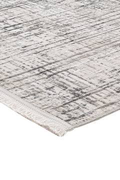 Grey Striped Area Rug - Machine Made Rug With 11 mm Pile Height & Laser Cut Fringe