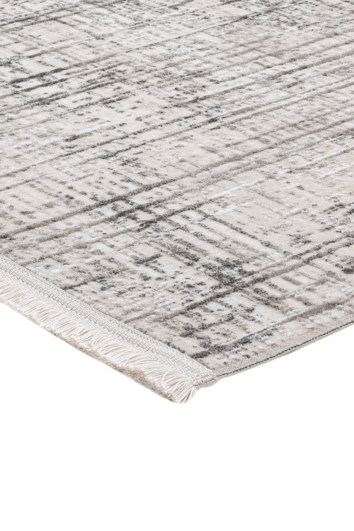Grey Striped Area Rug - Machine Made Rug With 11 mm Pile Height & Laser Cut Fringe