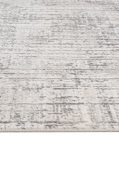 Grey Striped Area Rug - Machine Made Rug With 11 mm Pile Height & Laser Cut Fringe