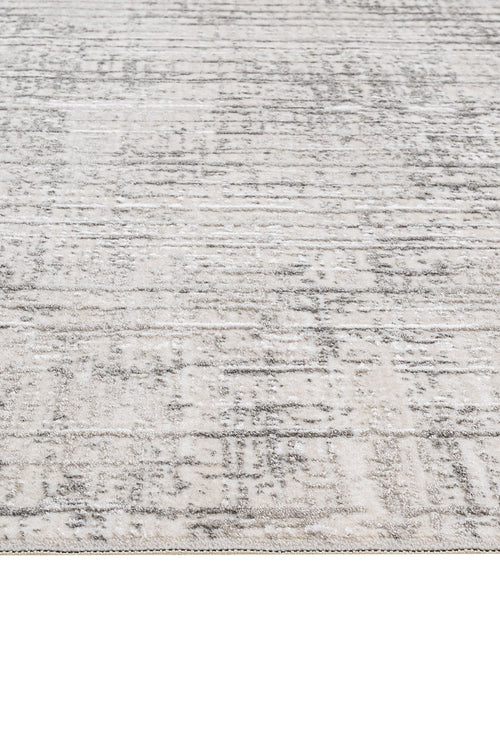 Grey Striped Area Rug - Machine Made Rug With 11 mm Pile Height & Laser Cut Fringe