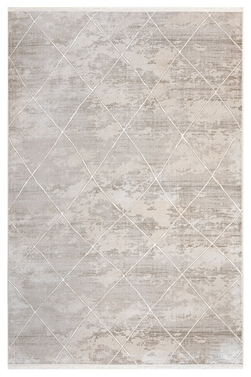 Microfiber Area Rug – Beige Geometric Machine Made Rug with Soft Texture