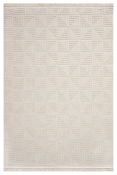 Beige Geometric Area Rug – Machine Made Polyester Carpet With 7mm Pile Height