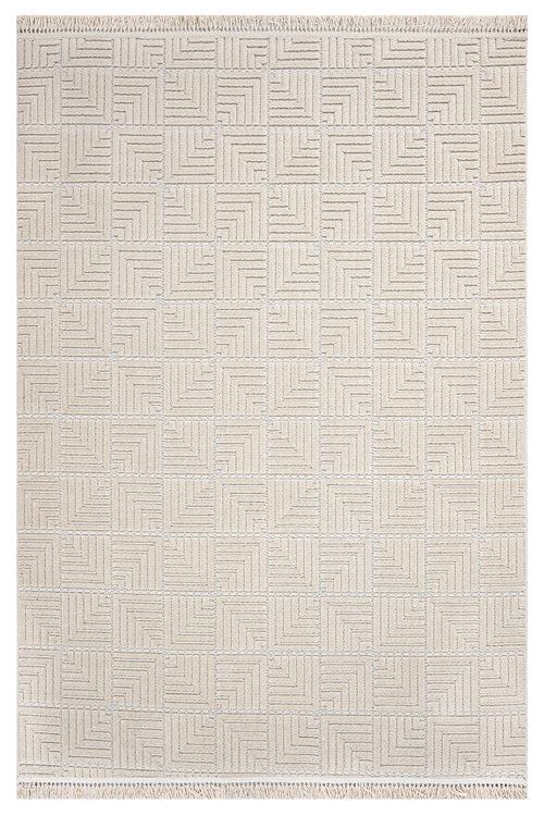 Beige Geometric Area Rug – Machine Made Polyester Carpet With 7mm Pile Height