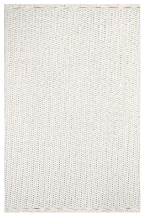 Cream Striped Area Rug – Machine Made Rug with 7 mm Pile, Fringed Edge