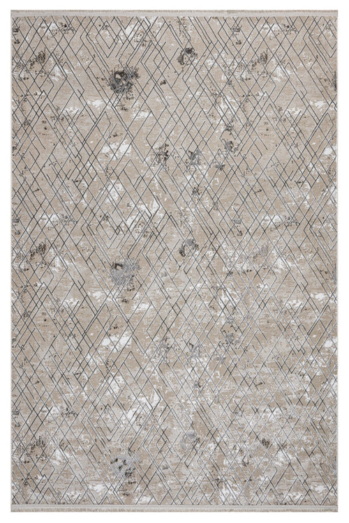 Grey Geometric Area Rug - Machine Made Microfiber Carpet With Cotton Base