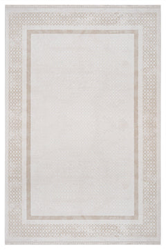 Machine Made Area Rug - Beige Frame Style Carpet | Pile Height 11mm, Washable