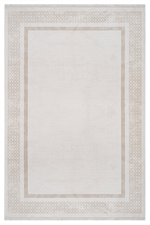 Machine Made Area Rug - Beige Frame Style Carpet | Pile Height 11mm, Washable