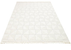 Geometric Area Rug - Machine Made Cream Rug With 7 Mm Pile Height & Overlock Edge