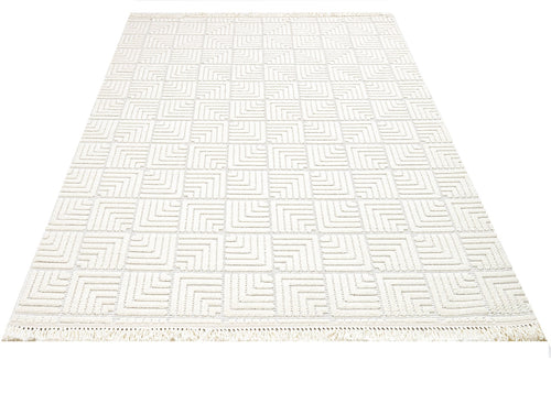 Geometric Area Rug - Machine Made Cream Rug With 7 Mm Pile Height & Overlock Edge