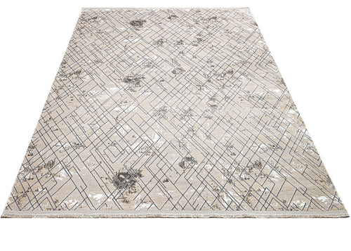 Grey Geometric Area Rug - Machine Made Microfiber Carpet With Cotton Base