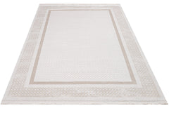 Machine Made Area Rug - Beige Frame Style Carpet | Pile Height 11mm, Washable