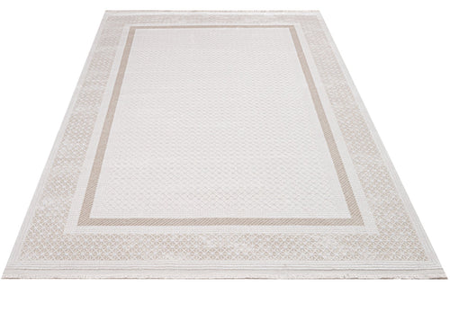 Machine Made Area Rug - Beige Frame Style Carpet | Pile Height 11mm, Washable