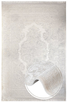 Cream Area Rug – Classic Machine Made Rug with Fringed Edges, Acrylic Floor Carpet