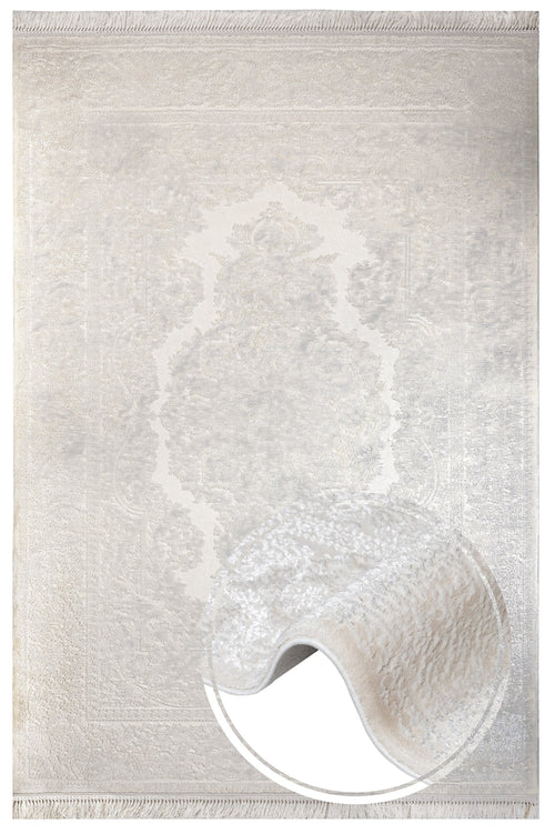 Cream Area Rug – Classic Machine Made Rug with Fringed Edges, Acrylic Floor Carpet