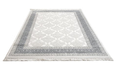 Geometric Area Rug – Machine Made Beige Acrylic Floor Covering With Fringed Edges
