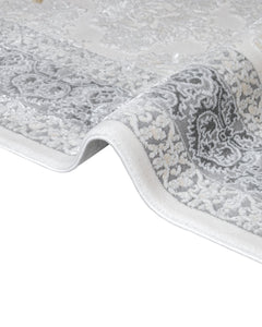 Geometric Area Rug – Machine Made Beige Acrylic Floor Covering With Fringed Edges