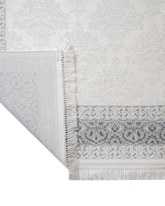 Geometric Area Rug – Machine Made Beige Acrylic Floor Covering With Fringed Edges