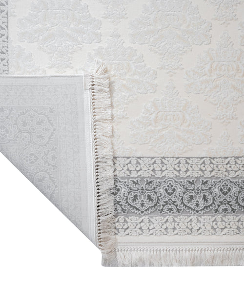 Geometric Area Rug – Machine Made Beige Acrylic Floor Covering With Fringed Edges