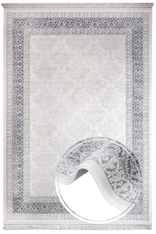 Geometric Area Rug – Machine Made Beige Acrylic Floor Covering With Fringed Edges