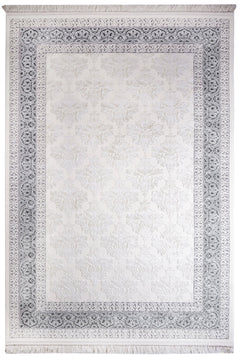 Geometric Area Rug – Machine Made Beige Acrylic Floor Covering With Fringed Edges