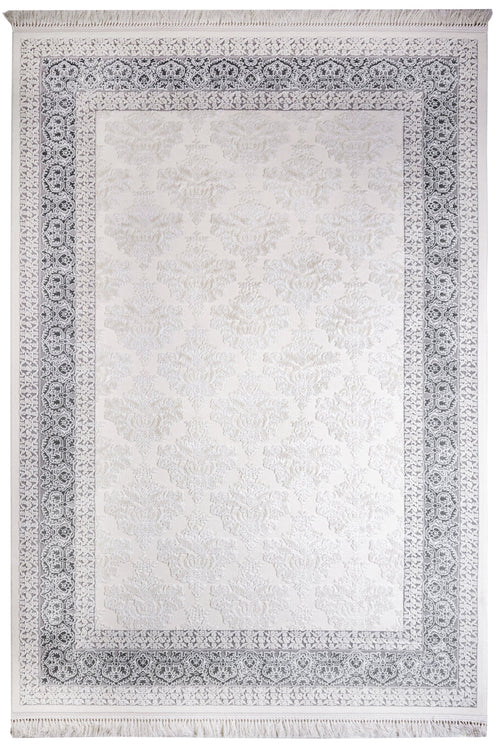 Geometric Area Rug – Machine Made Beige Acrylic Floor Covering With Fringed Edges