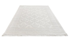 Geometric Area Rug - Machine Made Cream Acrylic Floor Carpet With Fringed Edges