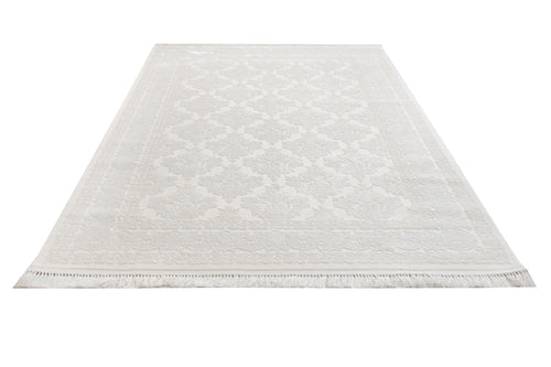 Geometric Area Rug - Machine Made Cream Acrylic Floor Carpet With Fringed Edges