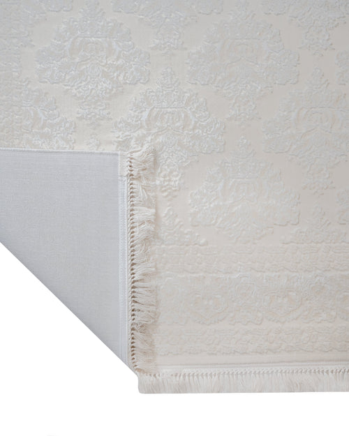 Geometric Area Rug - Machine Made Cream Acrylic Floor Carpet With Fringed Edges