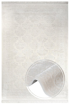 Geometric Area Rug - Machine Made Cream Acrylic Floor Carpet With Fringed Edges