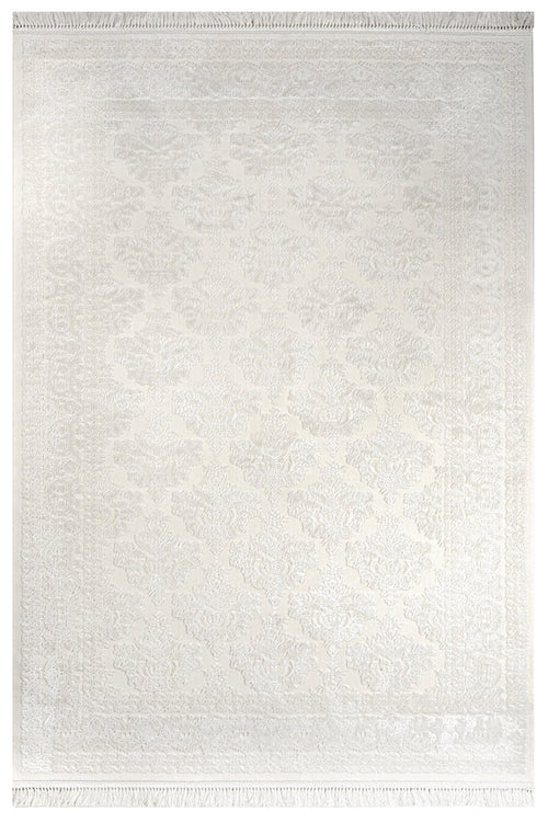 Geometric Area Rug - Machine Made Cream Acrylic Floor Carpet With Fringed Edges