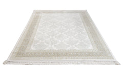 Beige Geometric Area Rug - Machine Made Acrylic Carpet with Fringed Edges