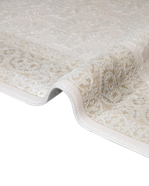 Beige Geometric Area Rug - Machine Made Acrylic Carpet with Fringed Edges