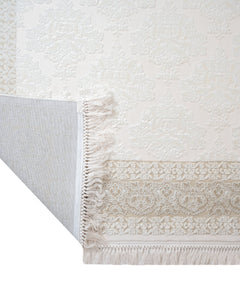 Beige Geometric Area Rug - Machine Made Acrylic Carpet with Fringed Edges