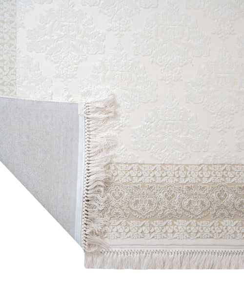 Beige Geometric Area Rug - Machine Made Acrylic Carpet with Fringed Edges