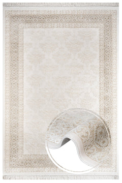 Beige Geometric Area Rug - Machine Made Acrylic Carpet with Fringed Edges
