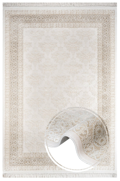 Beige Geometric Area Rug - Machine Made Acrylic Carpet with Fringed Edges