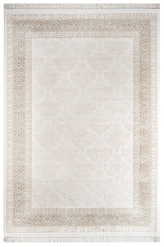 Beige Geometric Area Rug - Machine Made Acrylic Carpet with Fringed Edges