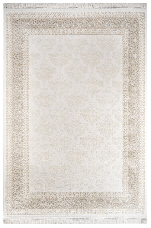 Beige Geometric Area Rug - Machine Made Acrylic Carpet with Fringed Edges