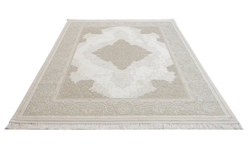 Classic Area Rug - Machine Made Fuchsia Beige Acrylic Carpet With Fringed Edges