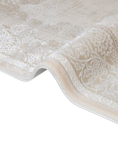 Classic Area Rug - Machine Made Fuchsia Beige Acrylic Carpet With Fringed Edges