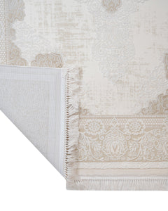 Classic Area Rug - Machine Made Fuchsia Beige Acrylic Carpet With Fringed Edges