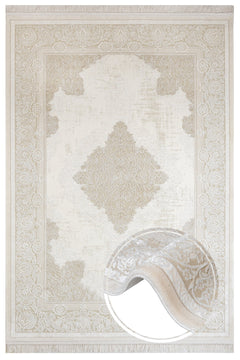 Classic Area Rug - Machine Made Fuchsia Beige Acrylic Carpet With Fringed Edges