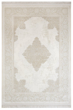 Classic Area Rug - Machine Made Fuchsia Beige Acrylic Carpet With Fringed Edges
